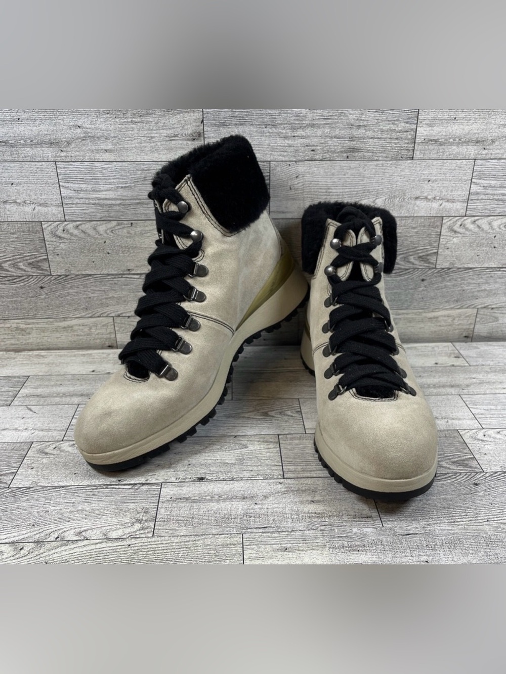 Bionica Cream Suede Lace-Up Ankle Boots with Black Fur Collar